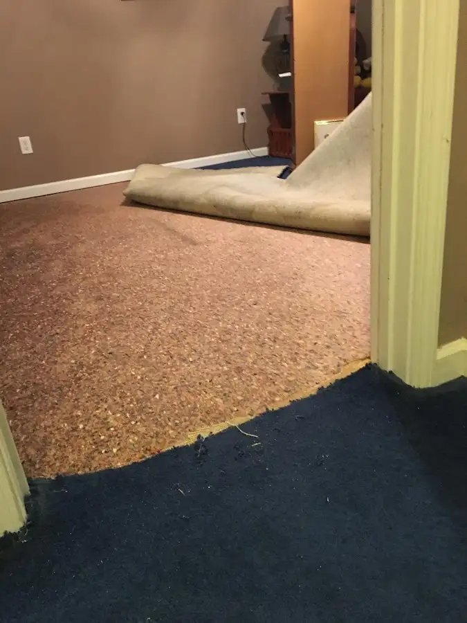 Carpet pad removal revealing water damage during Water Mitigation Services in Fulton
