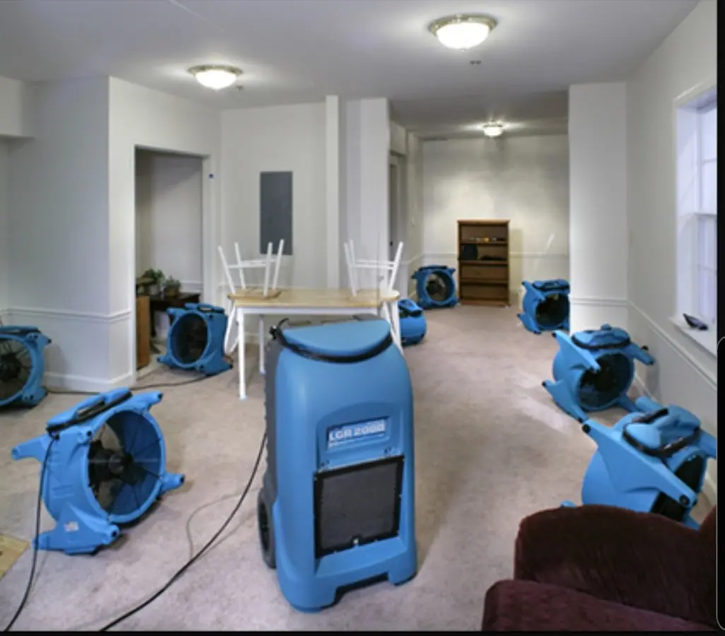 Air movers and dehumidifier setup for Water Extraction & Removal in Fulton